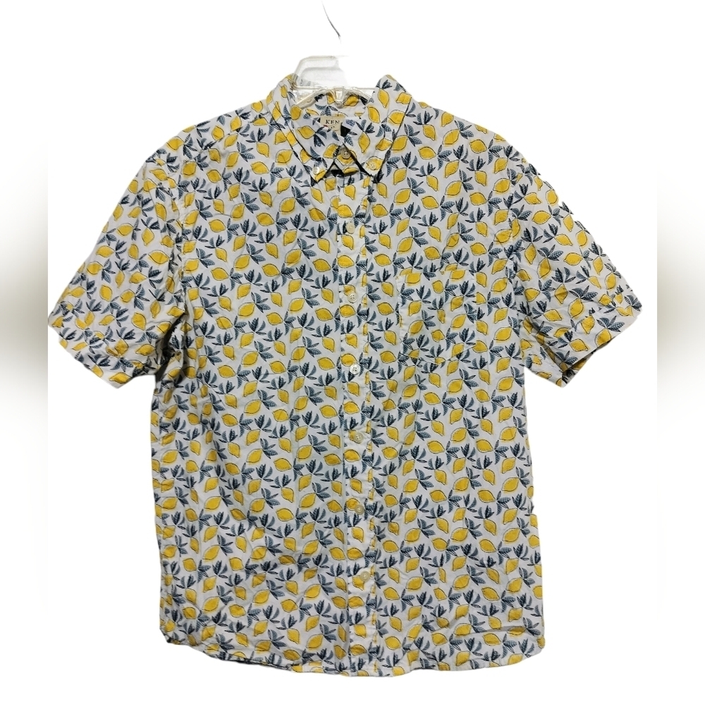 M421) Ken Ltd Lemon Print Button Down Short Sleeve Cotton Camp Shirt Size Large